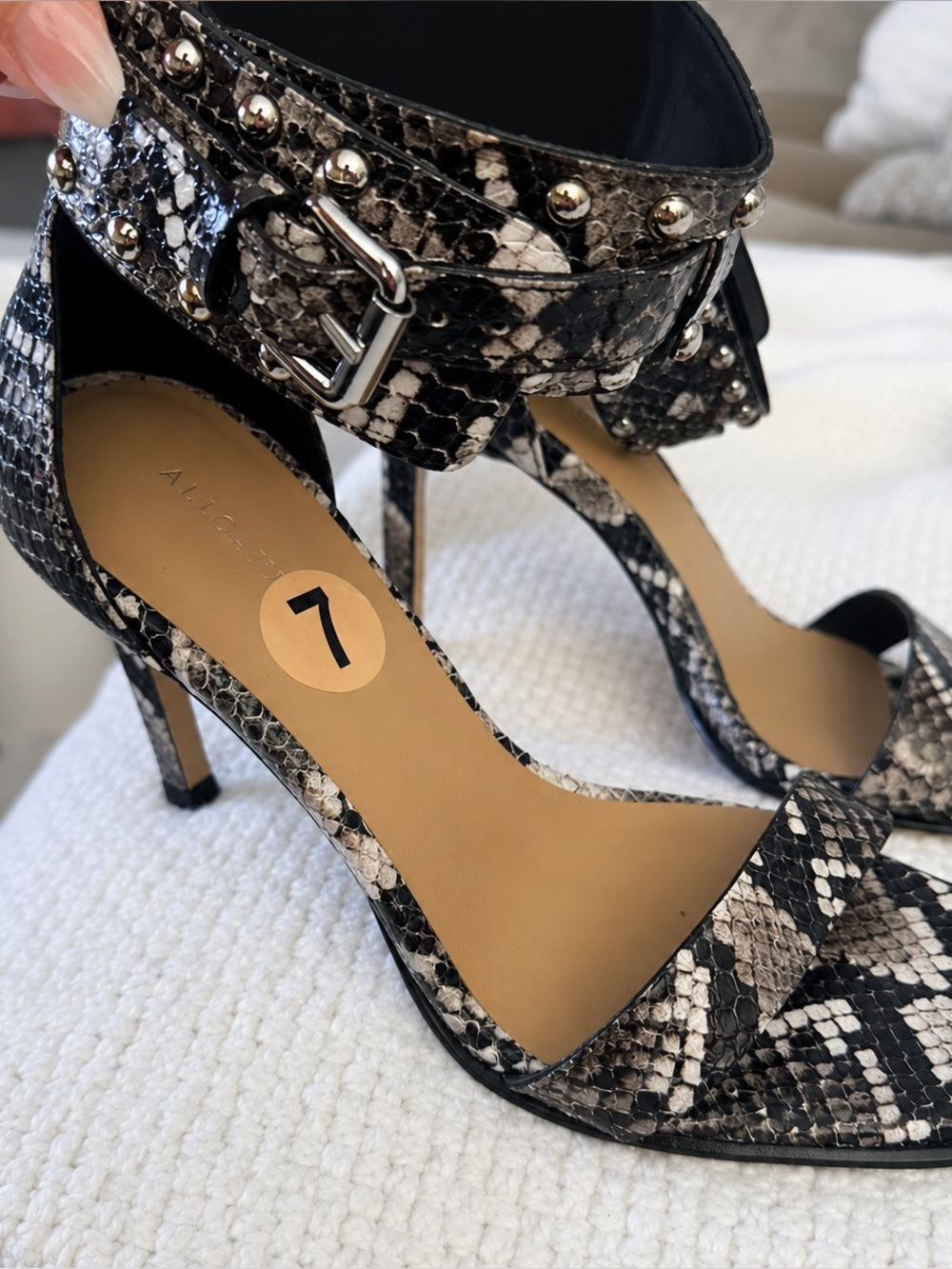 AllSaints Snake-Print D'Orsay Stiletto Heels in Black and Gray